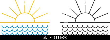 Linie Symbol Sunset Farbe Schwarz Version. Einfaches Umrissbild der Sonne, die ins Meer untergeht. Ozeanwellen und Sonne mit Rays Logo, Vektorgrafiken Stock Vektor