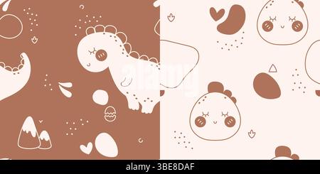 Ein Set süßer, nahtloser Muster für Kinder mit Dinosaurier, Linien, Bergen und Flecken. Stock Vektor