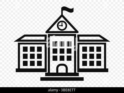 Schulgebäude mit flachem Uhrsymbol und Flaggensymbol für Apps und Websites. Vektorabbildung Stock Vektor