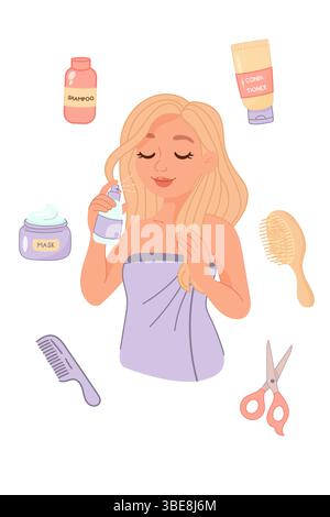 Cartoon der weißen blonden Frau, die Haarspray mit umgebenden Schönheitswerkzeugen und Haarpflege-Routineaufkleber auf rosa Hintergrund aufträgt. Stock Vektor