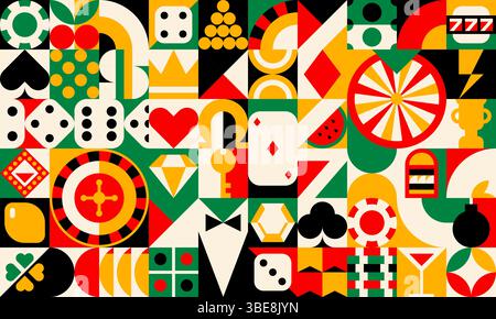 Casino Poker Glücksspiel geometrisches Muster mit Karten, Chips, Würfeln, Roulette und Glücksspielsymbolen. Abstraktes Retro-Layout mit Diamanten, Herzen, Pik, Vereinsanzügen, Jackpot, Rad und Martini Stock Vektor
