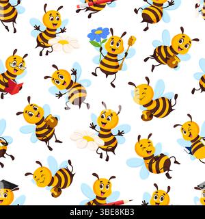 Zeichentrickfiguren aus Honigbienen nahtloses Muster mit niedlichen Bieneninsekten, die fliegen, lesen, Honigtöpfe tragen, Blumen und Bleistifte halten und auf Gänseblümchen stehen. Fröhlicher Vektorfliesen Hintergrund oder Hintergrundbild Stock Vektor