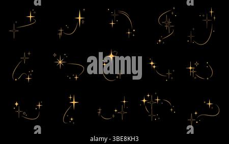 Funkeln Sie Sterne, funkeln Sie den Himmel, blitzen Sie auf Starburst-Blitze, blinkende Glitzersymbole in Schwarz und weiß. Vektor-Monochrom-Set mit magischen Verzierungen, himmlischen Leuchten und Glanzeffekten Stock Vektor