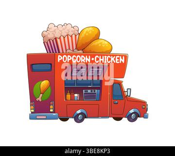 Food Truck oder Street Food Festival Van Auto mit Popcorn und gebratenem Huhn, Cartoon Vektor. Kiosk für Fast-Food-Trucks oder Street-Food-Stand mit Hühnchengrill und Popcorn-Snacks im Minibus für den Straßenmarkt Stock Vektor