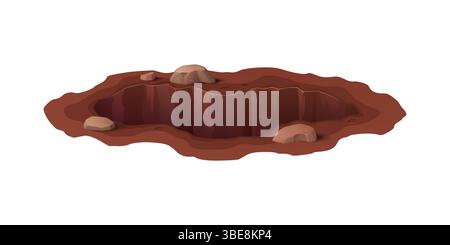 Cartoon-Bodenloch, tiefe schmutzige Grube und Höhlen. Baustelle, Bodenerosionsgrube oder Erdbeben Naturkatastrophe tiefes und schlammiges Loch im Boden, isolierte Vektortiergrube mit Steinen an Kanten Stock Vektor