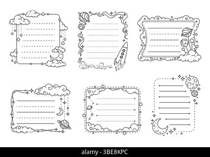 Galaxy Space und Alien Planets Kinder Memo Notizen Rahmen. Vektorsatz mit niedlichen umrissenen Schreibvorlagen mit Sternen, Monden, Raketen und Raumgrenzen für Schulnotizen und druckbares Schreibmaterial für Kinder Stock Vektor