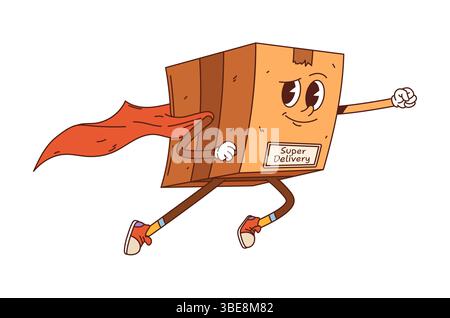 Cartoon groovige Lieferkarton Superheldenfigur. Vektorpost- oder Expressversand Retro-Persönlichkeit mit rotem cape und Sneakers. Vereinzeltes, lustiges Paket, packen Sie mit Selbstvertrauen Stock Vektor
