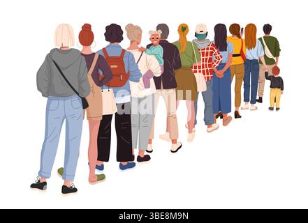 Leute stehen in Schlange, Rückansicht von verschiedenen Personen, die in der Schlange stehen. Cartoon flache Vektor Männer, Frauen und Kinder Charaktere unterschiedlichen Alters tragen urbane Freizeitkleidung, die in der Schlange stehen, einer nach dem anderen Stock Vektor
