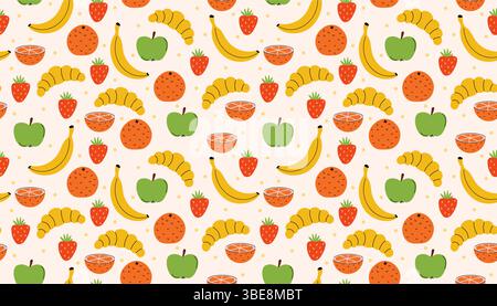 Helles nahtloses Muster im flachen Cartoon-Stil mit leckeren Äpfeln, saftigen Erdbeeren, süßen Orangen und Croissants. Toll für Kinder, Drucke, Essensartikel Stock Vektor