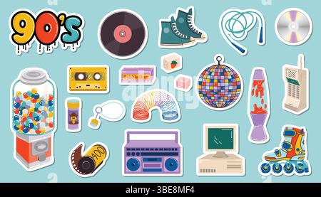 Sticker-Set mit Retro-Vibe der 90er Jahre mit farbenfrohen Zeichentrickspielzeugen, Süßigkeiten und Gadgets im flachen Stil. Lustige nostalgische Kollektion, perfekt für Kinder, Jugendliche, Stock Vektor