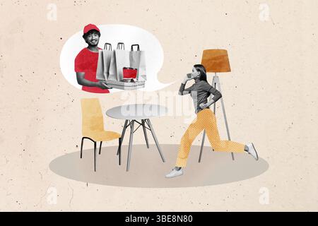 Kreatives Design Composite Collage der jungen Dame geführt Call Delivery Café Service Kunden Kauf Post man Lächeln Hand halten Pizzabox Getränk Stockfoto