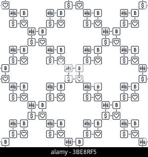 Dollar, BTC, Herz und Kerzendiagramm Vektor Konzept nahtloses Muster im Umrissstil Stock Vektor