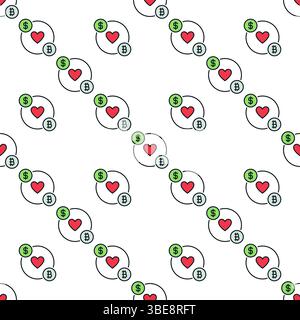 Dollar und Bitcoin mit Red Heart Vektor Crypto Trader und Investoren Konzept farbige nahtlose Muster Stock Vektor