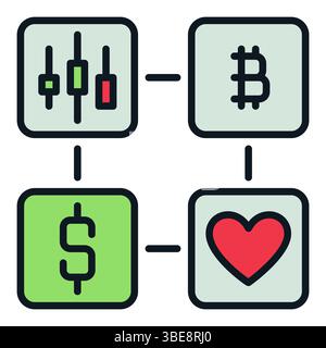 Dollar, Bitcoin, Rotes Herz und Kerzendiagramm Vektor Konzept farbiges Symbol oder Zeichen Stock Vektor