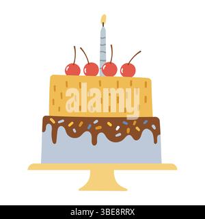 Geburtstagskuchen-Zeichentrick. Geburtstagsfeier. Einladung, Aufkleber, Grußkarte Stock Vektor