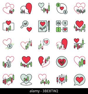 Herz mit Kerzenhalter Diagramm farbige Symbole Set - I Love Trading Konzept Vektor Symbole Sammlung Stock Vektor