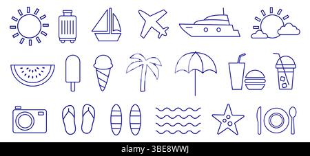 Symbole für Sommerurlaube, die Strandaktivitäten, Reiseutensilien und erfrischende Köstlichkeiten in minimalistischem Design darstellen Stock Vektor