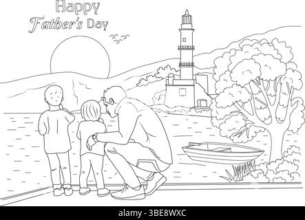 Strichkunst-Illustration, die einen Vater zeigt, der neben seinen beiden Kindern kniet, während sie über das Wasser in Richtung eines Leuchtturms und Sonnenuntergangs blicken. Der Text „H Stock Vektor