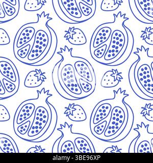 La Dolce vita kritzelt nahtlose Muster Granatapfel, Erdbeere. Blau auf weißem Vektor Illustration von handgezeichneten Postern im italienischen Stil. Wandbilder Stock Vektor