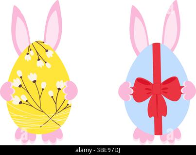 Hase hinter Ostereier verzierte Blumenzweige und rotes Schleifenband Ostergruß Design-Elementset. Isolierte Vektor-Illustration Ostern thematische Karten, Poster, Preisanhänger, Etiketten oder Banner, Broschüren Stock Vektor