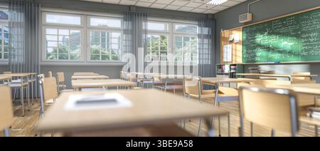 Leeres Klassenzimmer mit Sonnenlicht durch Fenster 3d Stockfoto