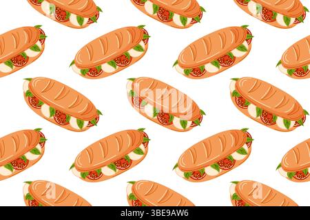 Nahtloses Baguette-Sandwich-Muster mit frischen Tomaten, Mozzarella und Basilikumblatt in flacher Form. Design für Frühstücksmenü, Lebensmittel und Küche Stock Vektor