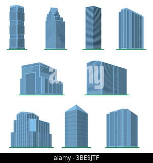 Neun moderne Hochhäuser auf weißem Hintergrund. Blick auf das Gebäude von unten. Abbildung des isometrischen Vektors. Stock Vektor