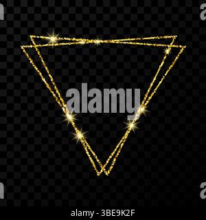 Goldener Doppeldreieckrahmen. Moderner, glänzender Rahmen mit Lichteffekten auf dunklem transparentem Hintergrund. Vektorabbildung. Stock Vektor