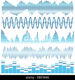 Vektorsatz blauer Schallwellen. Audio-Equalizer. Ton und Audiowellen isoliert auf weißem Hintergrund. Stock Vektor