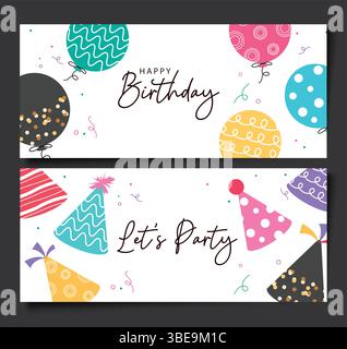 Text-Clip-Art-Kollektion mit Happy Birthday-Begrüßung und farbenfrohen Ballons und Partyhüten Stock Vektor