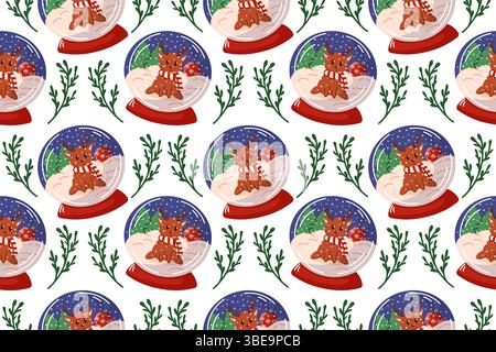 Nahtloses Weihnachtsmuster mit Schneekugel mit niedlichen Rentieren, Schneeflocken, Baumschmuck und Grün auf weißem Hintergrund. Perfekt für den Winter Stock Vektor