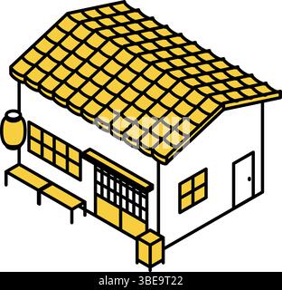 Isometrische Illustration eines japanischen Stils Izakaya mit roter Laterne und gekacheltem Dach, einfache Linie Art Vektor, Vektor-Illustration Stock Vektor