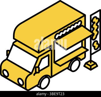 Isometrische Illustration eines Food Trucks im einfachen Linienart-Stil, mobiler Straßenverkäufer Vektor, Vektor-Illustration Stock Vektor