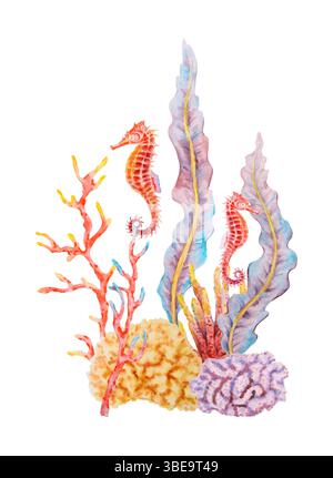 Wasserfarben unter Wasser mit roten Seepferden, Korallenzweigen, Algen und Schwämmen. Helle Marine Illustration in Blau, Rot und Gelb für Stockfoto