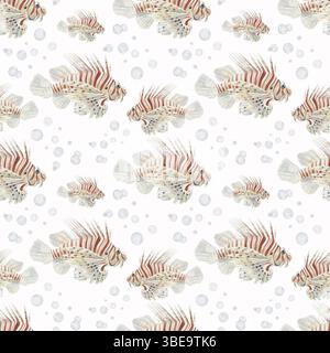 Nahtloses Muster mit tropischen Löwenfischen. Große schöne Fische in weißen und roten Streifen. Viele kleine Blasen. Unterwasserwelt. Aquarellabbildung Stockfoto