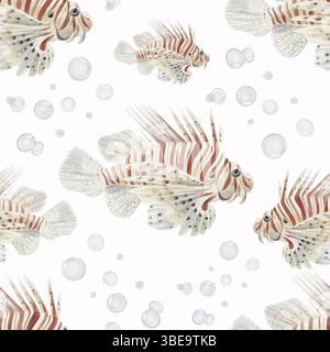 Nahtloses Muster mit tropischen Löwenfischen. Große schöne Fische in weißen und roten Streifen. Viele kleine Blasen. Unterwasserwelt. Aquarellabbildung Stockfoto