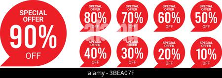 Set mit roten Rabattabzeichen für Sonderangebote von 10 % bis 90 % Rabatt in Sprechblasen, die für Verkauf und Werbemarketing verwendet werden Stock Vektor