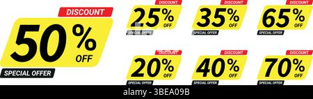 Gelbe und schwarze Rabattetiketten mit roten Kopfzeilen, die verschiedene Rabatte auf Angebote für Verkaufs-Tags anzeigen Stock Vektor