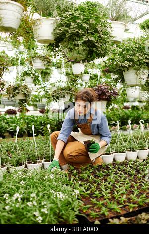 In einem ruhigen Gewächshaus pflegt eine junge Frau sorgfältig lebendige Pflanzen und zeigt ihre Fähigkeiten. Stockfoto