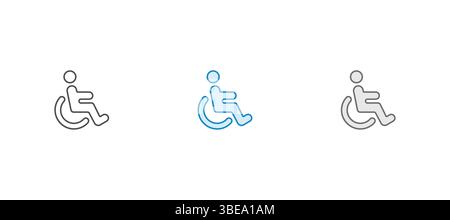 Symbole für Behinderte, Rollstuhlsymbole, Schilder für Behinderte. Rollstuhl-, Behindertenzugangsschild oder -Symbole. Symbole für deaktivierte Handicap. Rollstuhl Stock Vektor