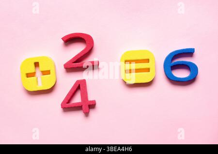 Additionsgleichung mit schaumfarbenen Zahlen auf rosafarbenem Hintergrund. Stockfoto