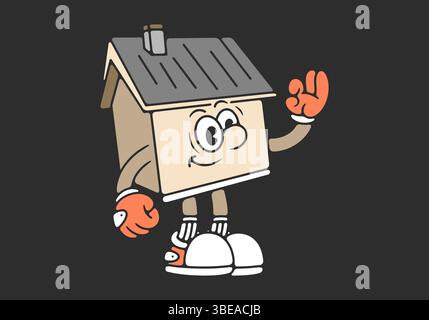 Bezaubernde Illustration eines skurrilen Zeichentrickhauses mit Armen und Beinen, die fröhlich winken, für eine einladende und fröhliche Atmosphäre Stock Vektor