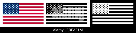 Schwarze US-Flagge gesetzt, schwarze und weiße amerikanische Flagge, US-Ikone Stock Vektor