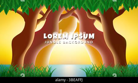 Leuchtender Dschungelsee Hintergrund. Farbenfrohe Karikatur-Dschungelszene mit stilisierten Bäumen, goldenem Licht über einem ruhigen See und üppigem Grün Stock Vektor