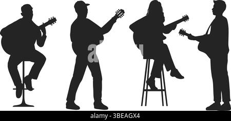 Gitarrist Silhouette Tattoo Design Set – Musiker Spielen Akustik Gitarre Vektor Kunst Stock Vektor