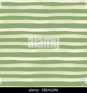 Handgezeichnetes, grünes Streifenmuster. Nahtlose Textur von Aquarellfarben aus horizontalen Pinselstrichen, Linien. Für Textil-, Verpackungspapierdrucke. Stockfoto