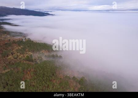 Atmosphärische Drohnenansicht von niedrigen Wolken, die ein abgeschiedenes Tal bedecken, Luftbild der Drohne Stockfoto