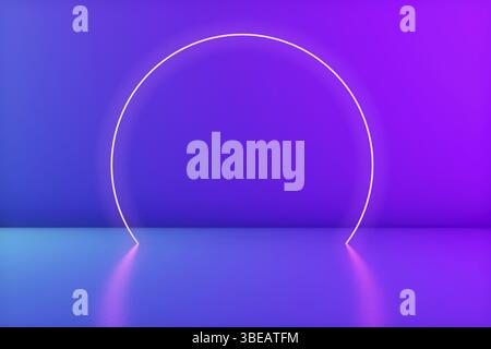 Leuchtender Neonkreis im Raum. Stufe für Produkt oder Text. Trendige Farben. 3D-Rendering. Kopierbereich Stockfoto