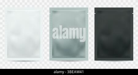 Satz Folienverpackungen in weiß, Schwarz, Silber. Vektorrealistische 3D-Illustration. Modellvorlage auf transparentem Hintergrund. Leerer Kunststoff Stock Vektor