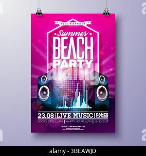 Sommer Beach Party Flyer Design Vorlage mit Disco Ball, Lautsprechern und leuchtendem Neonlicht auf rosa Hintergrund. Vektor Sommer Musik Feiertag Stock Vektor